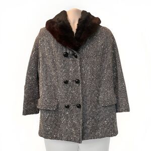 VTG Tweed Faux Fur Collar Menswear Quilted Lined Car Coat Womens M/L Black White